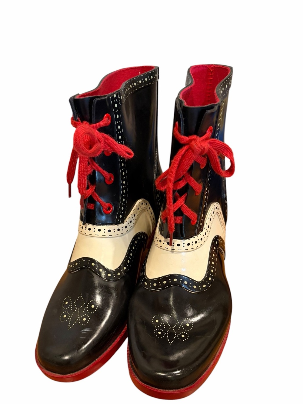 Lola Ramona saddle shoe style rubber lace up rain boots black red white size 39